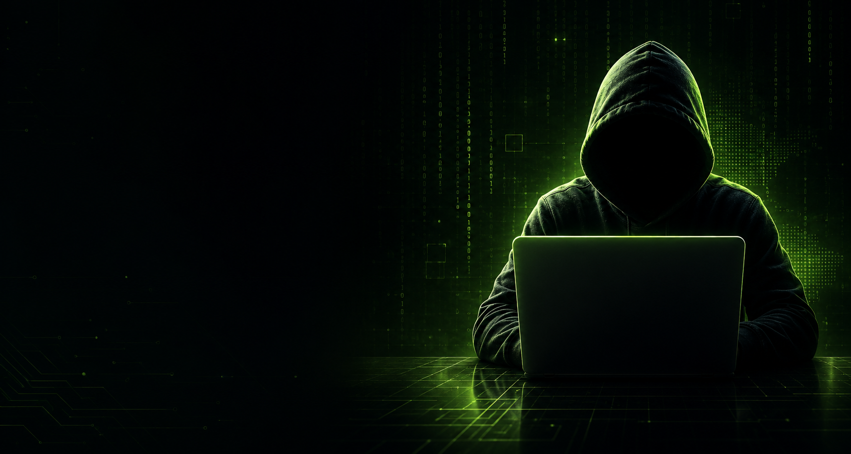 Programador encapuzado em frente ao notebook com código em verde estilo matrix